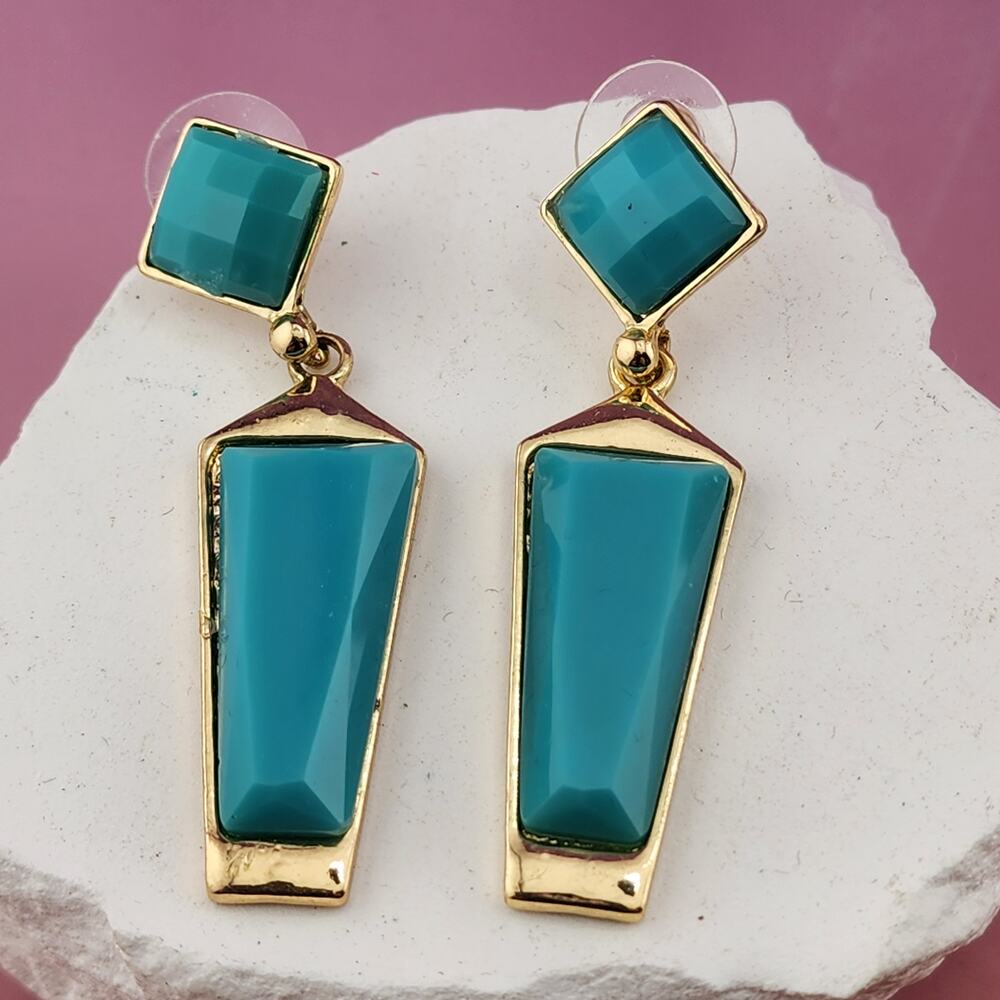 Teal Faceted Rectangle Dangle Earrings Gold Tone Frame Bold Statement Pair